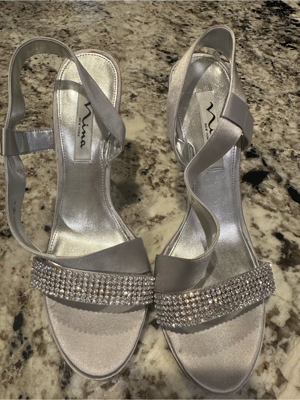 Nina Silver Crystal Strap Satin Slingback Heels